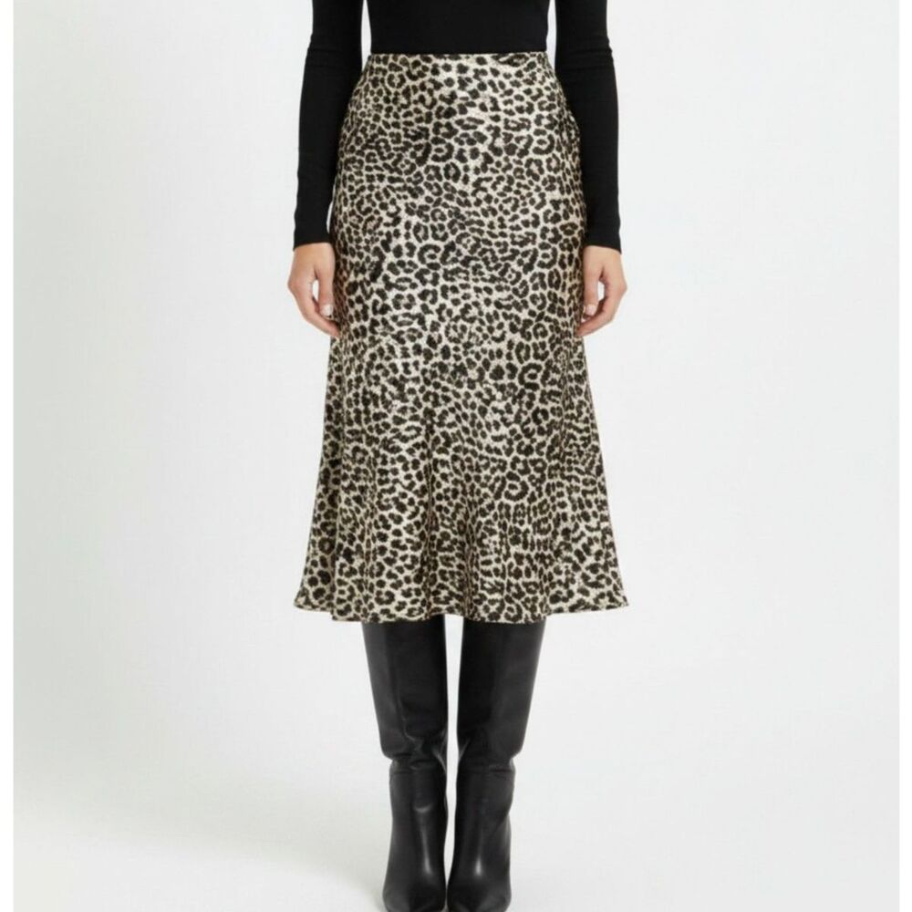 ALYA Black & Tan Animal Print Satin Midi Skirt L